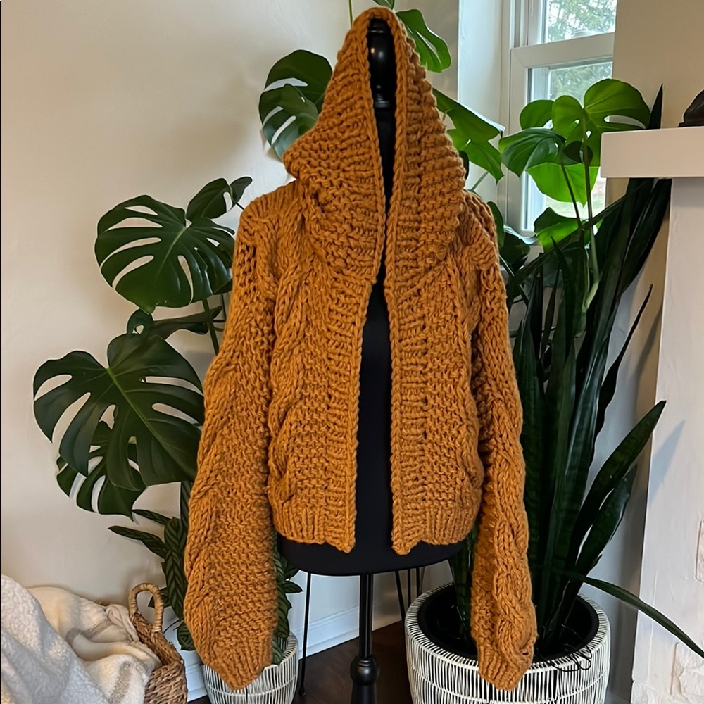 Chunky Knit Hooded Cardigan in Mustard